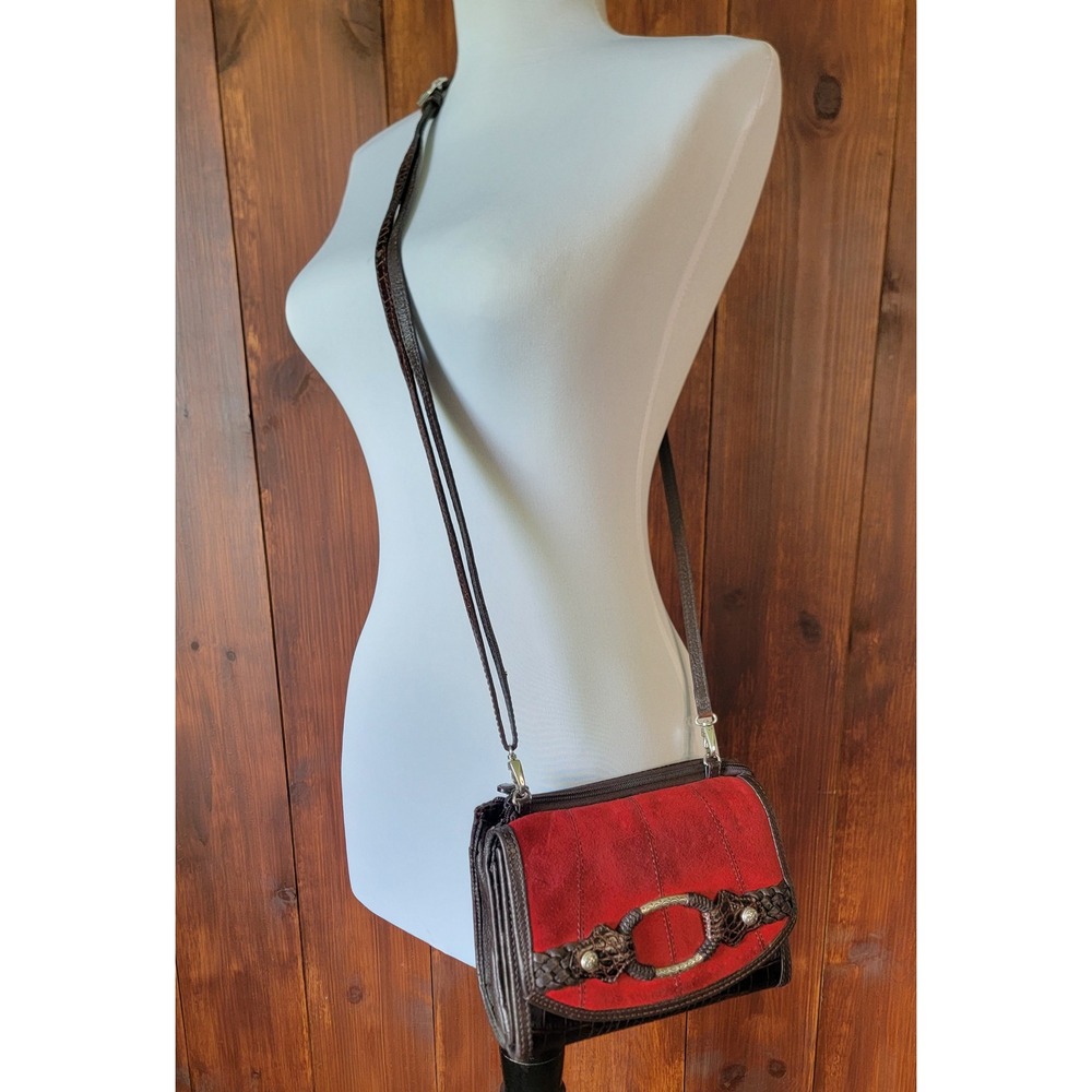 Brighton Savannah Crossbody Organizer Red Suede Brown Croc Leather Wallet Bag